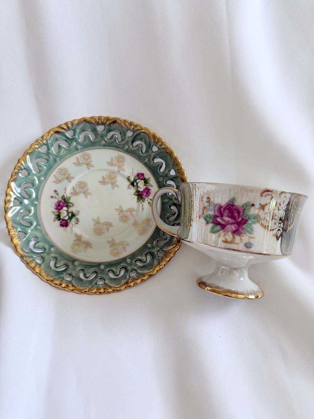 Vintage Royal Sealy Japan Lusterware Pedestal Teacup and Reticulated Saucer